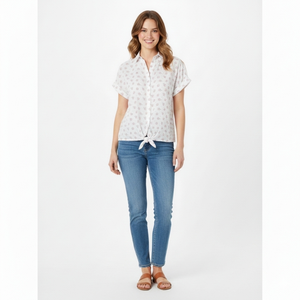 Jachs Girlfriend Women's Floral Linen Button-Up Blouse With Tie Size Medium